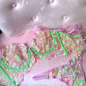 Victoria’s Secret, For Love & Lemons tutti-frutti shimmer bra and thong panty